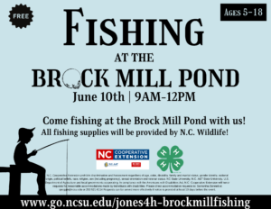 Fishing at the Brock Mill Pond: June 10th, 2022 at 9 a.m.-12 p.m. Come fishing at the Brock Mill Pond with us! All fishing supplies will be provided by N.C. Wildlife! For ages 5-18! FREE!