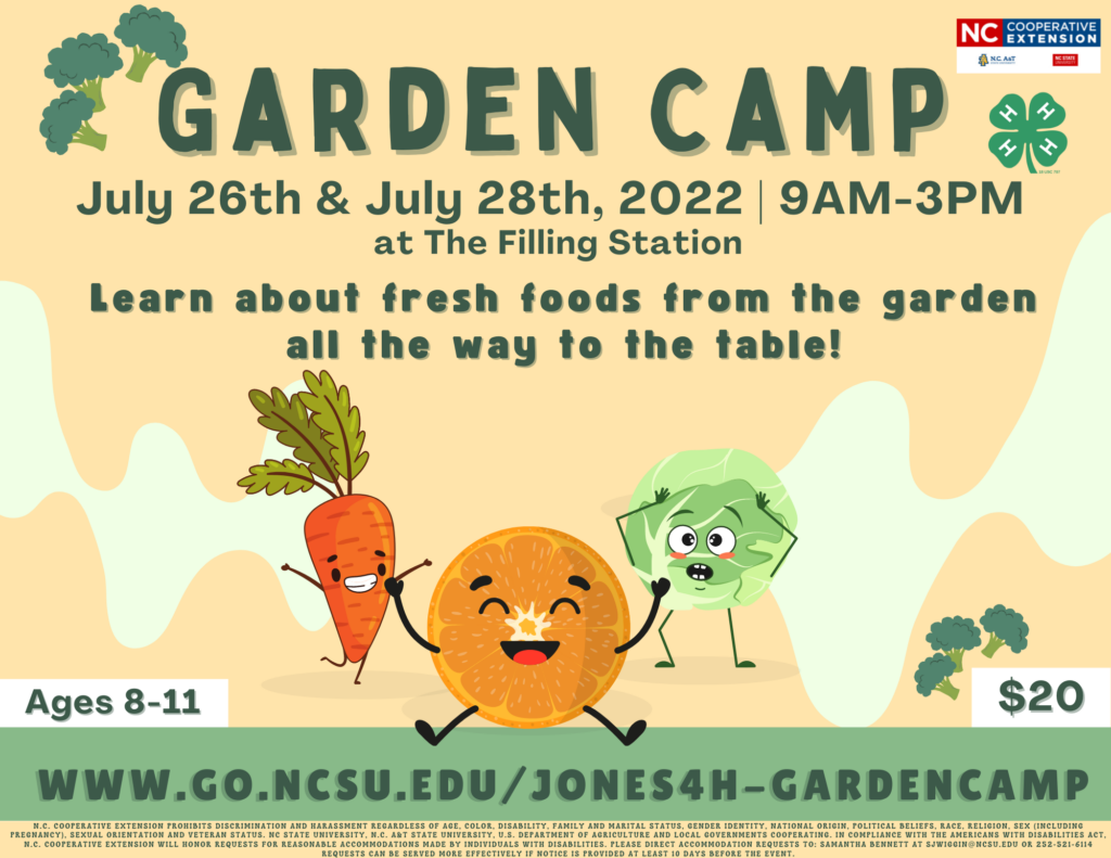 Garden Camp - July 26th & July 28th, 2022 at 9 a.m.-3 p.m. at the filling station. Learn about fresh foods from the garden all the way to the table! Ages 8-11. Cost is $20