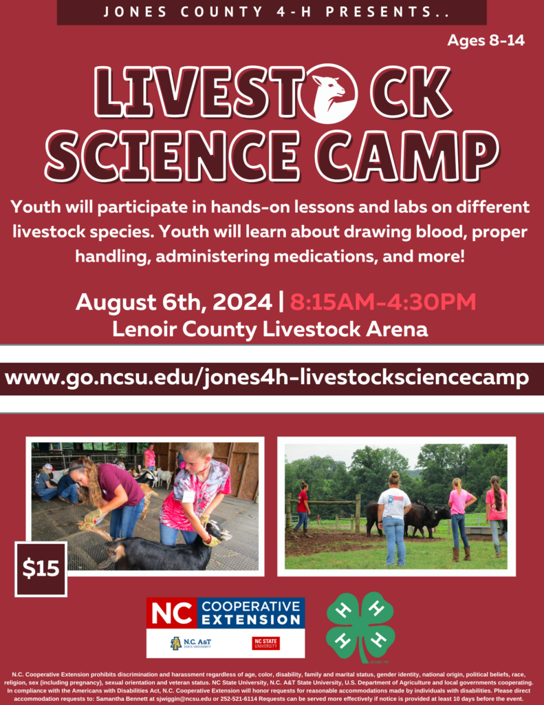 Livestock Science Camp August 6th, 2024 8:15 a.m.-4:30 p.m. - meeting at the jones county extension office. $15 per participant! Youth will participate in hands-on lessons and labs on different livestock species. Youth will learn about drawing blood, proper handling, administering medications, and more!