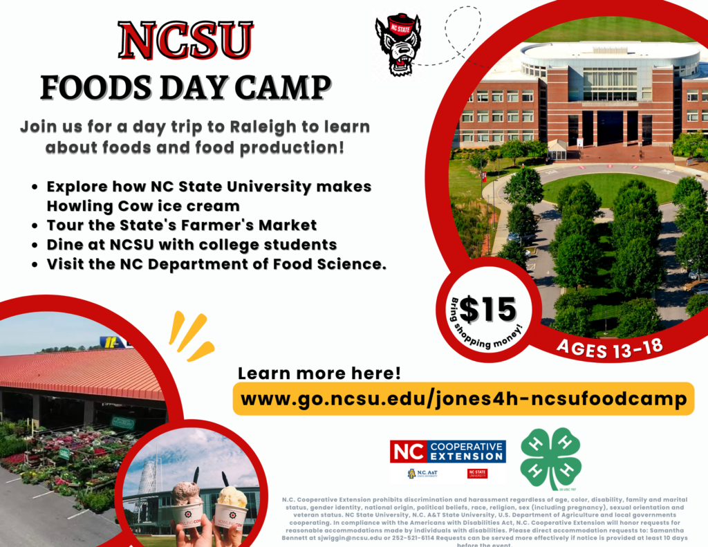 Join us for a day trip to raleigh to learn about foods and food production. Explore how nc state university makes howling cow ice cream, tour the state's farmer's market, dine at ncsu with college students, visit the nc department of food science. cost is $10 but bring shopping money. for ages 13-18