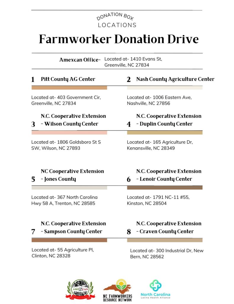 donation box locations for the farmworker donation drive: amexcan office (1410 evans st, greenville, nc 27834), pitt county ag center, nash county agriculture center, N.C. Cooperative Extension offices (wilson, duplin, jones, lenoir, sampson, and craven counties).