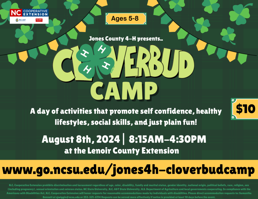 Cloverbud Camp August 8th, 2024 8:15 a.m.-4:30 p.m. meeting at the jones county extension office. $10 per participant. ages 5-8. a day of activities that promote self confidence, healthy lifestyles, social skills, and just plain fun!