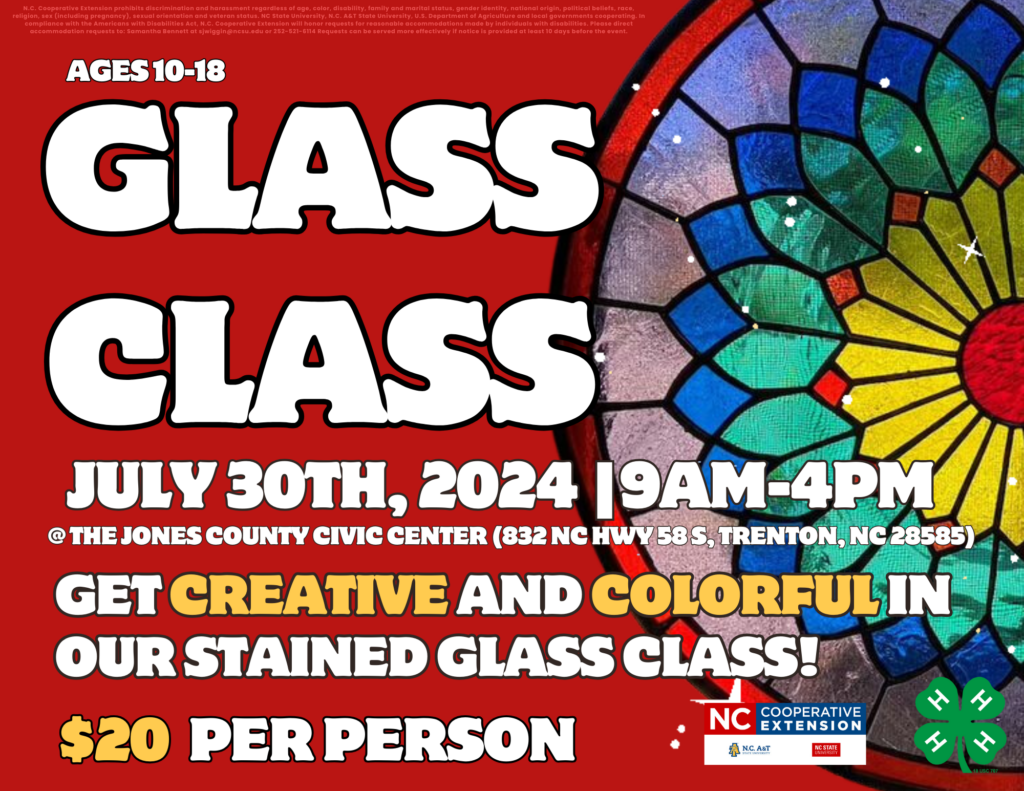 Glass Class! Ages 10-18! July 30th, 2024 8:15 a.m.-4:30 p.m. at the Jones County Extension officee! $20 per participant. Get creative and colorful in our Stained Glass class!