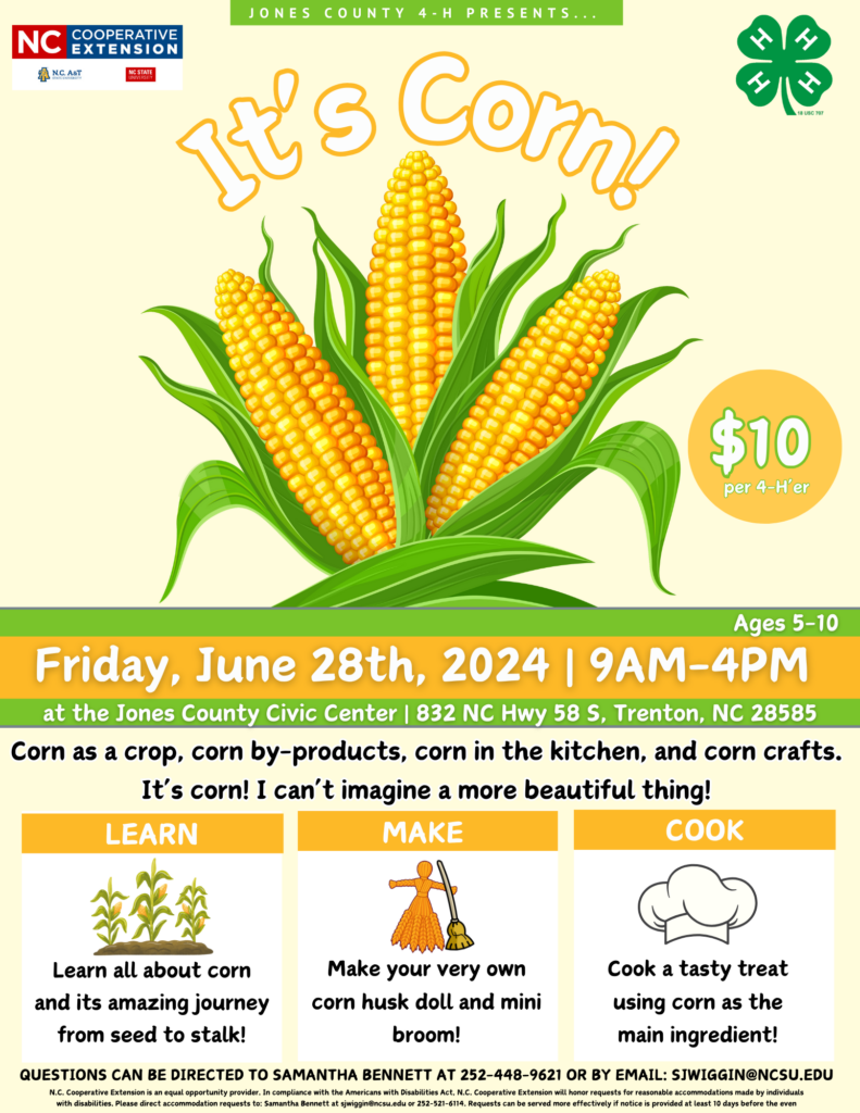 It's Corn! June 28th, 2024 from 9 a.m.-4 p.m. at the jones county civic center! $10 per participant. Corn as a crop, corn by-products, corn in the kitchen, and corn crafts! It's corn! I can't imagine a more beautiful thing! Learn about corn and its amazing journey from seed to stalk! Make your very own corn husk doll and mini broom! Cook a tasty treat using corn as the main ingredient!
